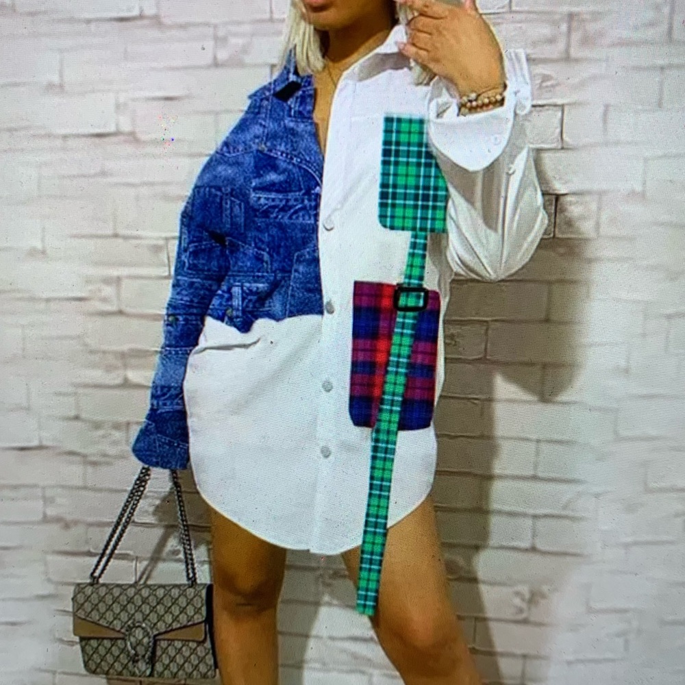 Jurllyshe Fashion Color Matching Lapel Button Plaid Printed Shirt Dress